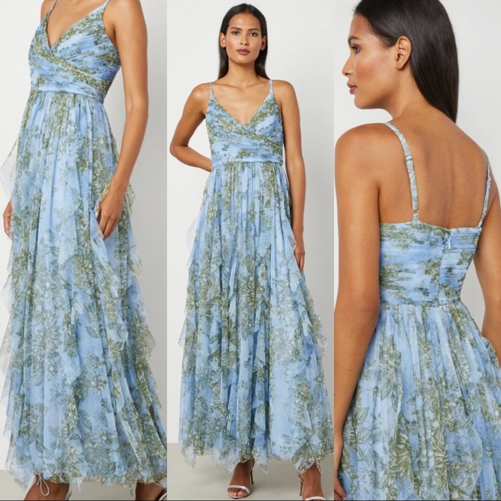 BCBG Max Azria Amara Floral Maxi Tulle Ruffle Gown